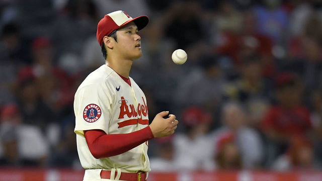 ANAHEIM, CA - AUGUST 03: Shohei Ohtani #17 of the Los Angeles Angels walks to the mound before being taken out of the game against the Oakland Athletics in the sixth inning at Angel Stadium of Anaheim on August 3, 2022 in Anaheim, California.