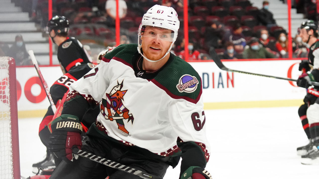 OTTAWA, ON - MARCH 14: Lawson Crouse #67 of the Arizona Coyotes celebrates a shorthanded goal (his third marker of the game) against the Ottawa Senators at Canadian Tire Centre on March 14, 2022 in Ottawa, Ontario, Canada.