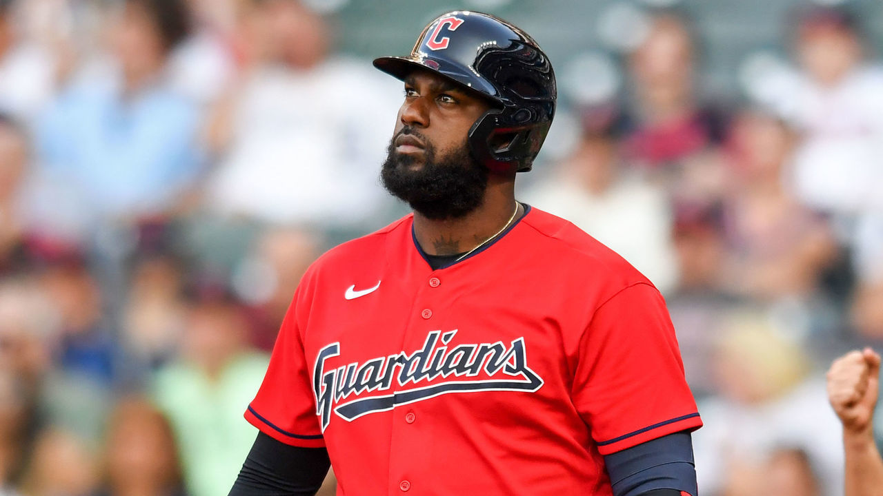 CLEVELAND, OH - JULY 14: Franmil Reyes #32 of the Cleveland Guardians reacts to striking out during the third inning against the Detroit Tigers at Progressive Field on July 14, 2022 in Cleveland, Ohio.