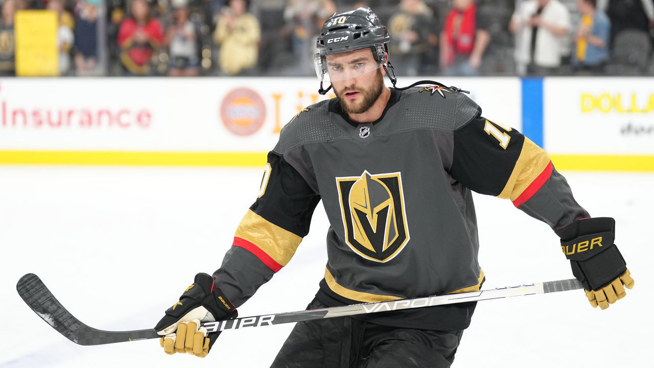 LAS VEGAS, NEVADA - APRIL 24: Nicolas Roy #10 of the Vegas Golden Knights warms up prior to a game against the San Jose Sharks at T-Mobile Arena on April 24, 2022 in Las Vegas, Nevada.