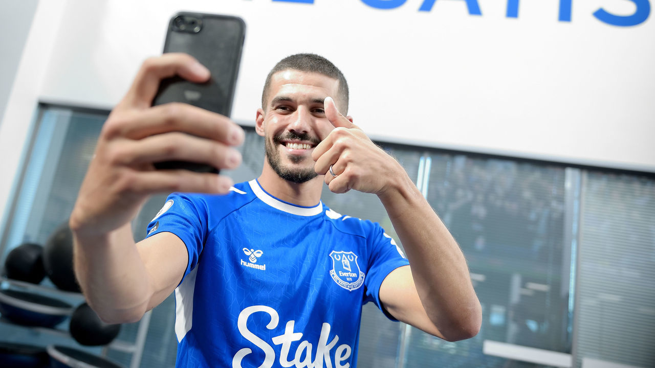 HALEWOOD, ENGLAND - AUGUST 08: (EXCLUSIVE COVERAGE) Conor Coady poses for a photograph after signing for Everton at Finch Farm on August 08 2022 in Halewood, England.