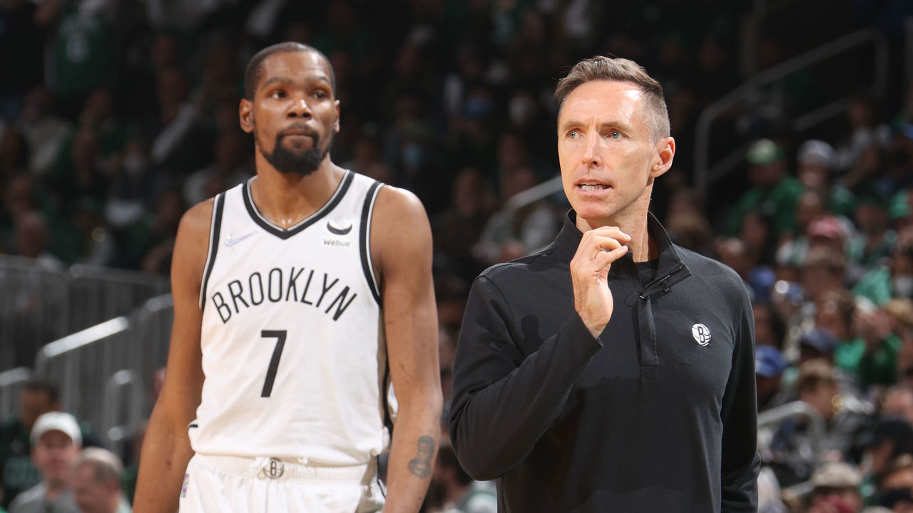 BOSTON, MA - APRIL 17: Kevin Durant #7 of the Brooklyn Nets and Head Coach Steve Nash look on against the Boston Celtics during Round 1 Game 1 of the 2022 NBA Playoffs on April 17, 2022 at the TD Garden in Boston, Massachusetts. Mandatory Copyright Notice: Copyright 2022 NBAE