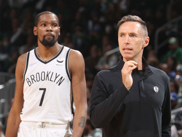 BOSTON, MA - APRIL 17: Kevin Durant #7 of the Brooklyn Nets and Head Coach Steve Nash look on against the Boston Celtics during Round 1 Game 1 of the 2022 NBA Playoffs on April 17, 2022 at the TD Garden in Boston, Massachusetts. Mandatory Copyright Notice: Copyright 2022 NBAE