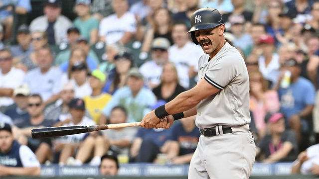 SEATTLE, WASHINGTON - AUGUST 08: Matt Carpenter #24 of the New York Yankees reacts to striking out during the first inning against the Seattle Mariners at T-Mobile Park on August 08, 2022 in Seattle, Washington.