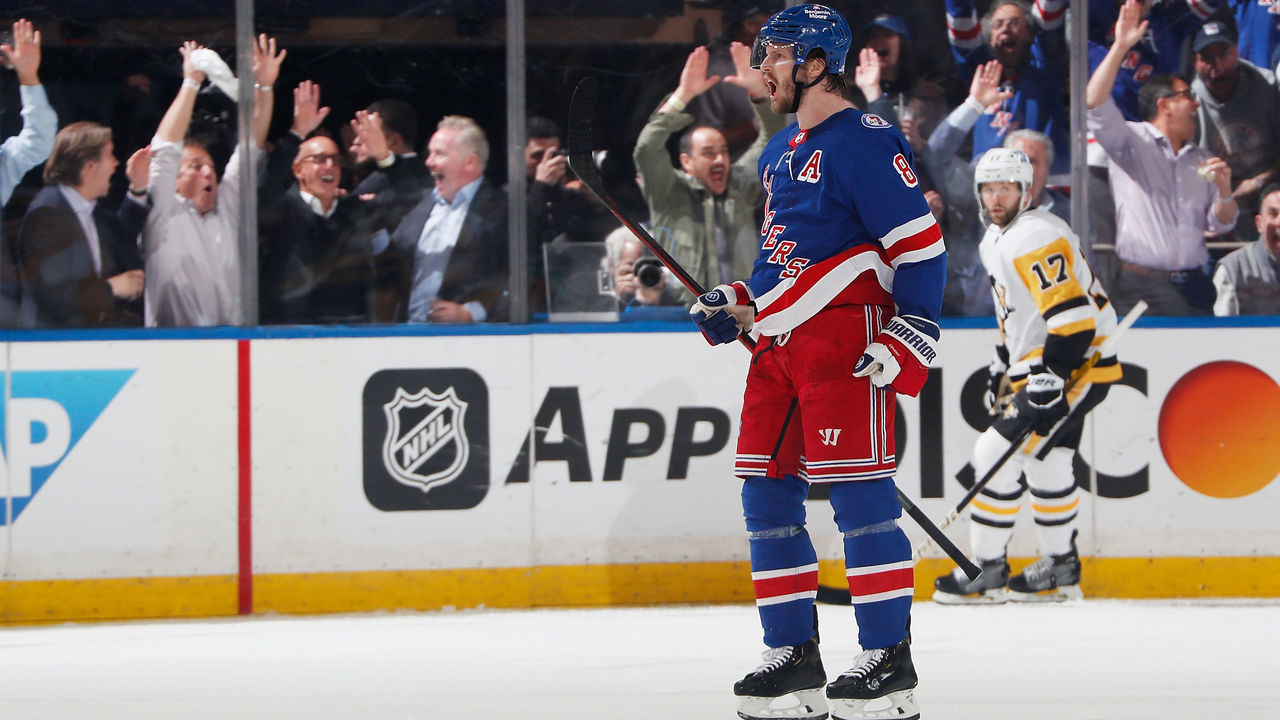 NEW YORK, NEW YORK - MAY 11: Jacob Trouba #8 of the New York Rangers celebrates his second period goal against the Pittsburgh Penguins in Game Five of the First Round of the 2022 Stanley Cup Playoffs at Madison Square Garden on May 11, 2022 in New York City.