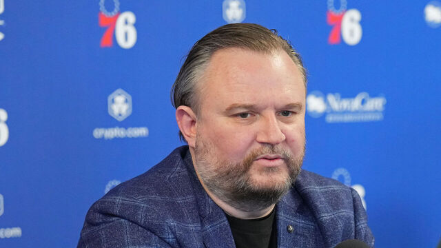 CAMDEN, NJ - FEBRUARY 15: Daryl Morey, President of Basketball Operations speaks to the media during a press conference on February 15, 2022 at Philadelphia 76ers Training Complex in Camden, New Jersey. NOTE TO USER: User expressly acknowledges and agrees that, by downloading and/or using this Photograph, user is consenting to the terms and conditions of the Getty Images License Agreement. Mandatory Copyright Notice: Copyright 2022 NBAE
