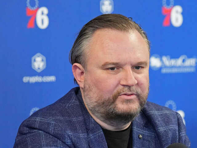 CAMDEN, NJ - FEBRUARY 15: Daryl Morey, President of Basketball Operations speaks to the media during a press conference on February 15, 2022 at Philadelphia 76ers Training Complex in Camden, New Jersey. NOTE TO USER: User expressly acknowledges and agrees that, by downloading and/or using this Photograph, user is consenting to the terms and conditions of the Getty Images License Agreement. Mandatory Copyright Notice: Copyright 2022 NBAE