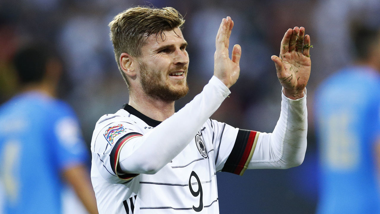 MOENCHENGLADBACH, GERMANY - JUNE 14: Timo Werner of Germany celebrates after scoring his team's fourth goal during the UEFA Nations League League A Group 3 match between Germany and England at Borussia Park Stadium on June 14, 2022 in Moenchengladbach, Germany.