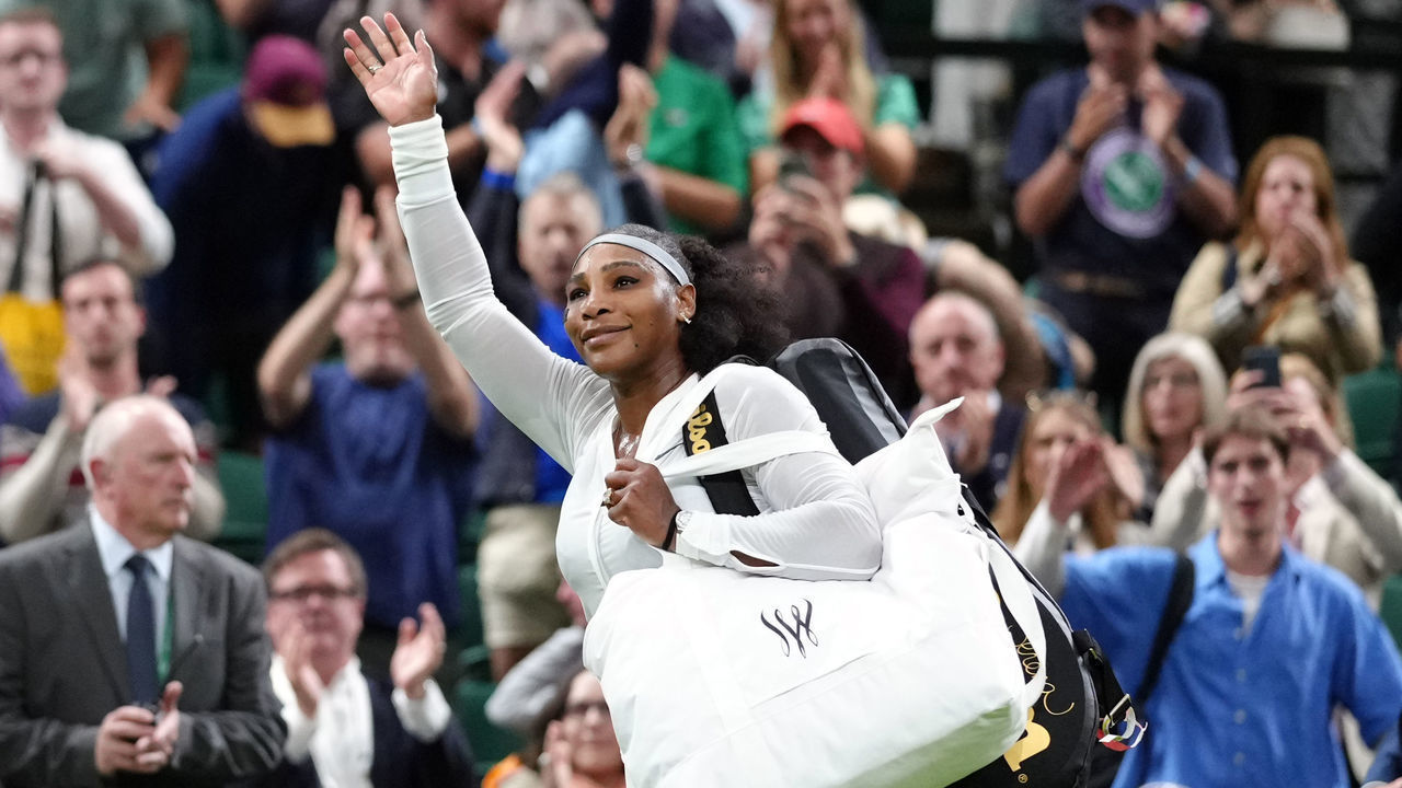 Serena Williams waves to the crowd after her defeat to Harmony Tan on day two of the 2022 Wimbledon Championships at the All England Lawn Tennis and Croquet Club, Wimbledon. Picture date: Tuesday June 28, 2022.