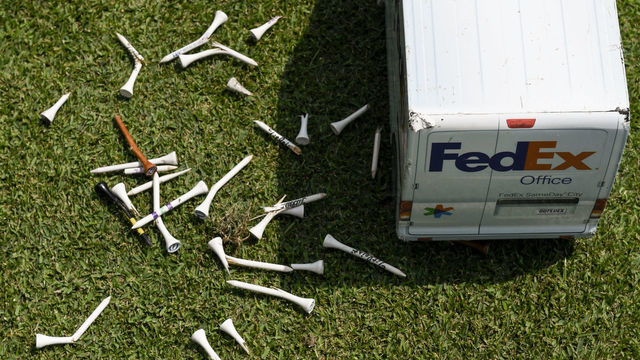 MEMPHIS, TN - AUGUST 07: A FedEx truck tee marker and broken tees at the eighth hole during the third round of the World Golf Championships-FedEx St. Jude Invitational at TPC Southwind on August 7, 2021 in Memphis, Tennessee.
