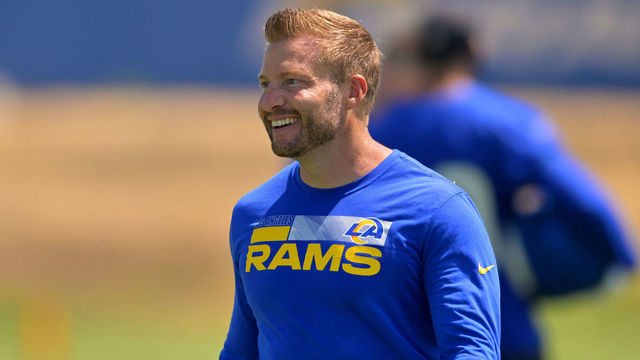 THOUSAND OAKS, CA - JUNE 8: Head coach Sean McVay of the Los Angeles Rams smiles on the field during mini camp on June 8, 2022 at the team's facility at California Lutheran University in Thousand Oaks, California.
