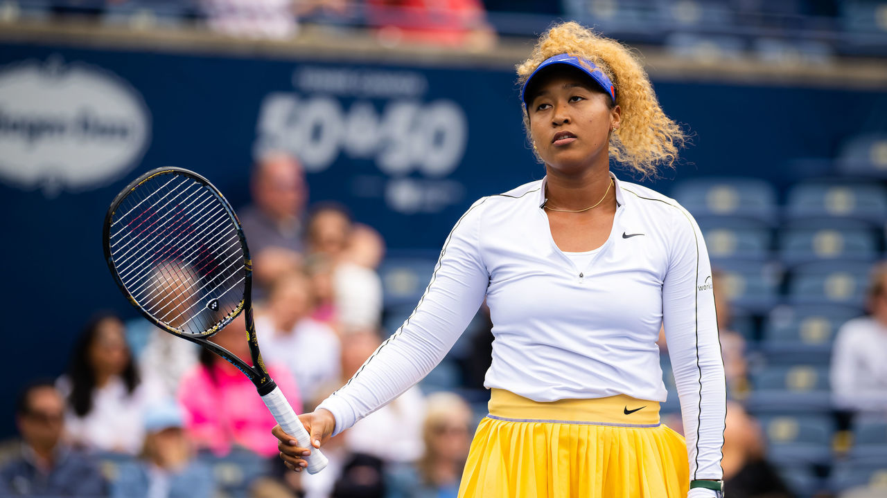 TORONTO, ONTARIO - AUGUST 09: Naomi Osaka of Japan reacts frustrated while playing against Kaia Kanepi of Estonia in her first round match on Day 4 of the National Bank Open, part of the Hologic WTA Tour, at Sobeys Stadium on August 09, 2022 in Toronto, Ontario