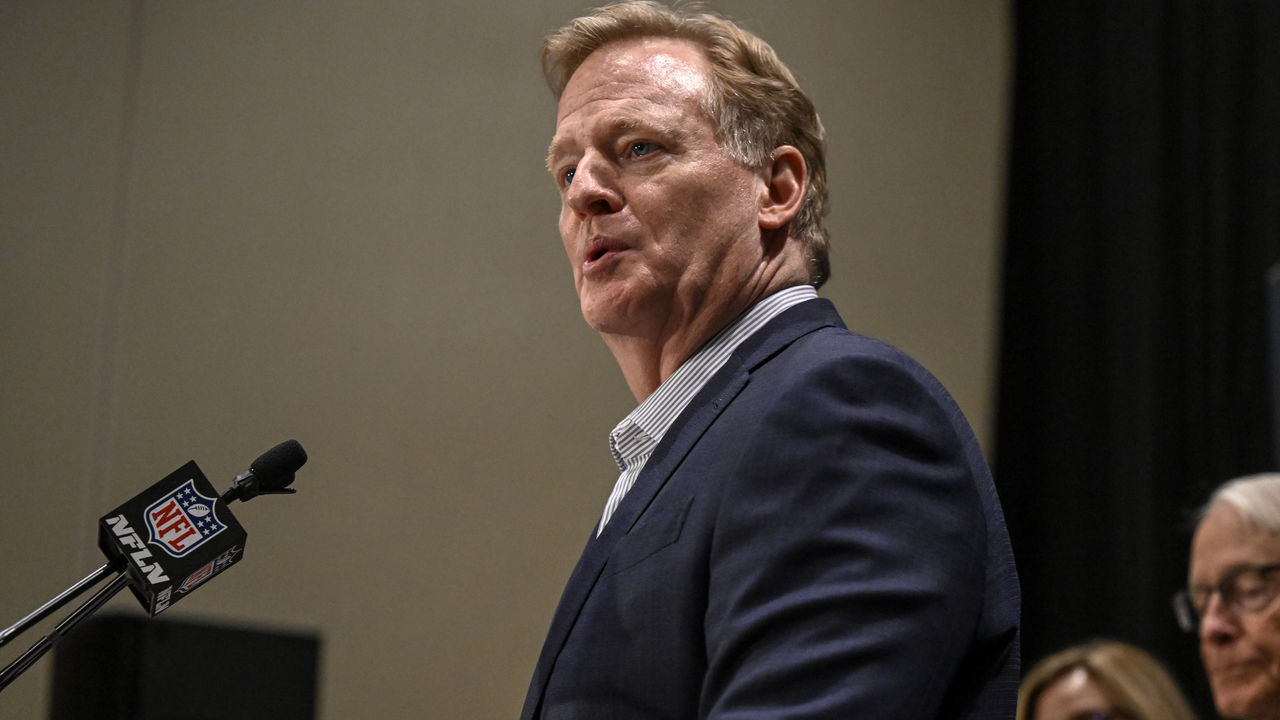 BLOOMINGTON, MN - AUGUST 9: NFL commissioner Roger Goodell speaks as Carrie Walton Penner and Rob Penner listen during an NFL special league meeting at the JW Marriot in Bloomington on Tuesday, August 9, 2022. The Walton-Penner group was unanimously approved by fellow owners to assume ownership of the Denver Broncos.