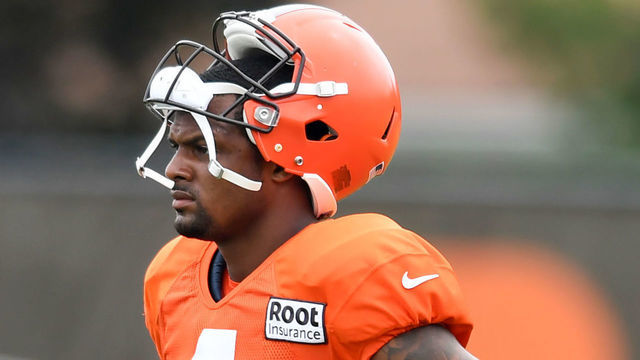 BEREA, OH - AUGUST 09: Deshaun Watson #4 of the Cleveland Browns looks on during Cleveland Browns training camp at CrossCountry Mortgage Campus on August 09, 2022 in Berea, Ohio.