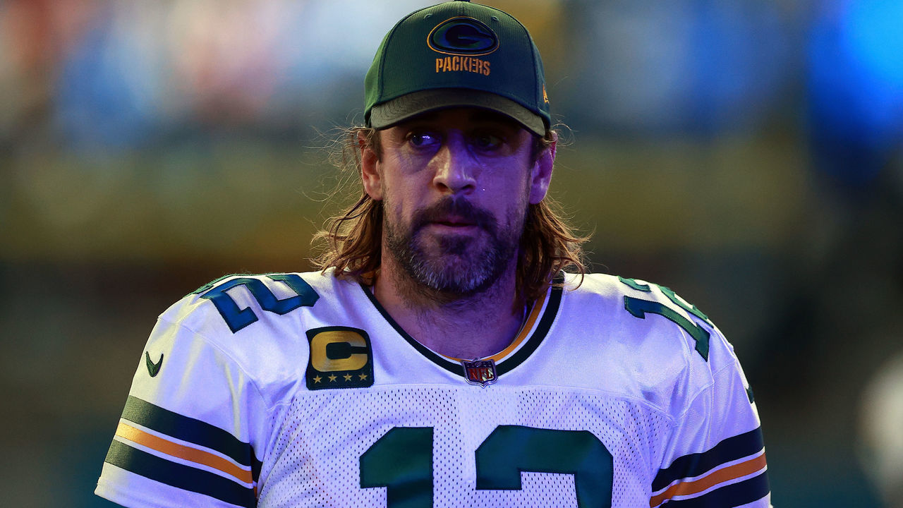 DETROIT, MICHIGAN - JANUARY 09: Aaron Rodgers #12 of the Green Bay Packers looks on during the first quarter against the Detroit Lions at Ford Field on January 09, 2022 in Detroit, Michigan.