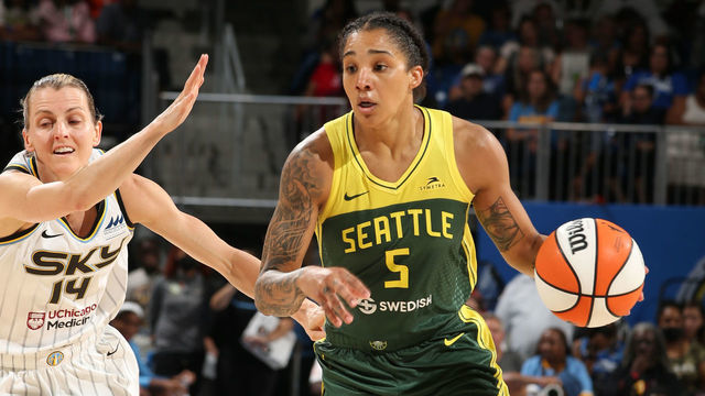 CHICAGO, IL - AUGUST 9: Gabby Williams #5 of the Seattle Storm dribbles the ball during the game against the Chicago Sky on August 9, 2022 at the Wintrust Arena in Chicago, Illinois. Mandatory Copyright Notice: Copyright 2022 NBAE