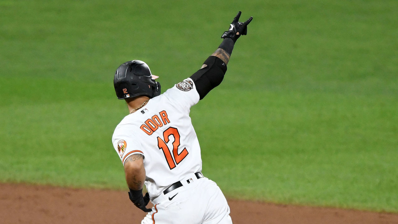 BALTIMORE, MD - AUGUST 09: Rougned Odor #12 of the Baltimore Orioles celebrates a two run home run in the eighth inning during a baseball game against the Toronto Blue Jays at Oriole Park at Camden Yards on August 09, 2022 in Baltimore, Maryland.