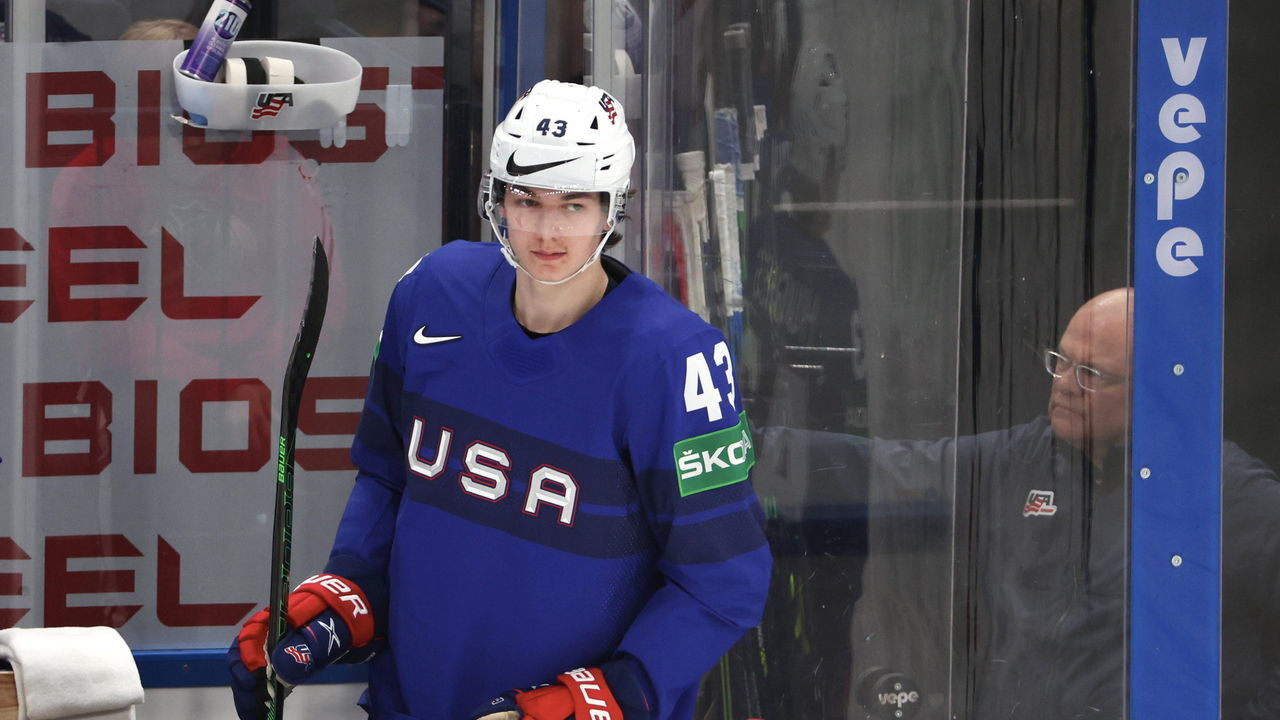 TAMPERE, FINLAND - MAY 19: Luke Hughes #43 of Team United States reacts during the 2022 IIHF Ice Hockey World Championship Group B match between Unites States and England at Nokia Arena on May 19, 2022 in Tampere, Finland.