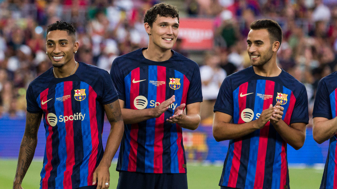 BARCELONA, SPAIN - AUGUST 07: Raphael Dias Raphinha and Andreas Christensen of FC Barcelona during the Joan Gamper Trophy match between FC Barcelona and Pumas UNAM at Spotify Camp Nou on August 07, 2022 in Barcelona, Spain.