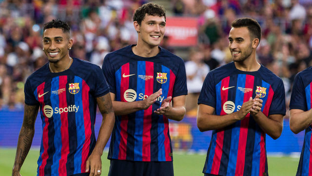 BARCELONA, SPAIN - AUGUST 07: Raphael Dias Raphinha and Andreas Christensen of FC Barcelona during the Joan Gamper Trophy match between FC Barcelona and Pumas UNAM at Spotify Camp Nou on August 07, 2022 in Barcelona, Spain.