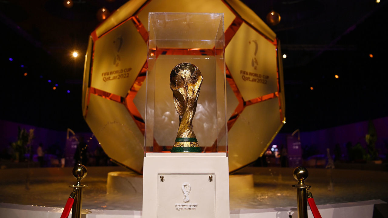 DOHA, QATAR - APRIL 01: A general view of the Fifa World Cup Trophy ahead of the FIFA World Cup Qatar 2022 Final Draw at the Doha Exhibition Center on April 01, 2022 in Doha, Qatar.