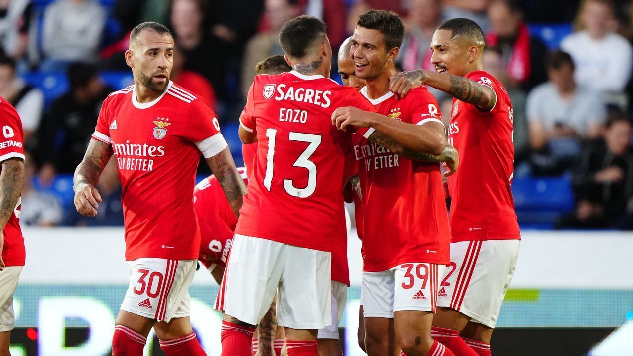 Benfica's Henrique Araujo (2nd R) celebrates scoring his team's second goal during the UEFA Champions League third qualifying round second leg football match between FC Midtjylland and SL Benfica in Herning, Denmark, on August 9, 2022. - Denmark OUT