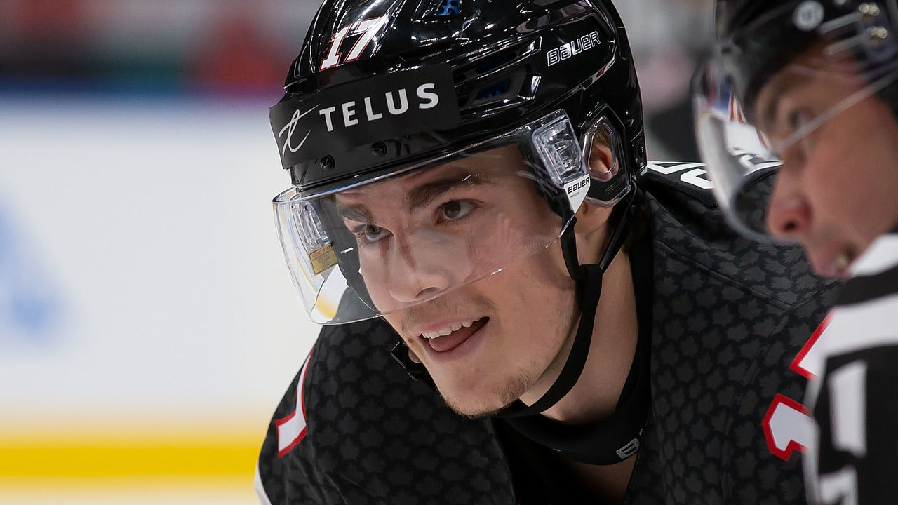 EDMONTON, AB - DECEMBER 26: Ridly Greig #17 of Canada skates against Czechia in the third period during the 2022 IIHF World Junior Championship at Rogers Place on December 26, 2021 in Edmonton, Canada.