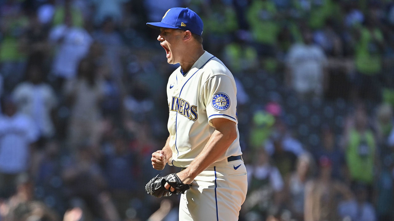 SEATTLE, WASHINGTON - AUGUST 07: Paul Sewald #37 of the Seattle Mariners reacts after the final out of a 6-3 win over the Los Angeles Angels at T-Mobile Park on August 07, 2022 in Seattle, Washington.