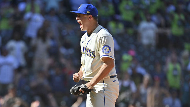 SEATTLE, WASHINGTON - AUGUST 07: Paul Sewald #37 of the Seattle Mariners reacts after the final out of a 6-3 win over the Los Angeles Angels at T-Mobile Park on August 07, 2022 in Seattle, Washington.