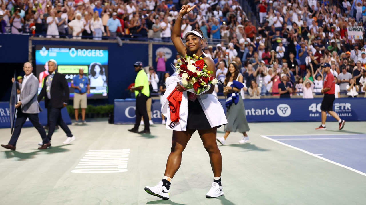 TORONTO, ON - AUGUST 10: Serena Williams of the United States waves to the crowd as she leaves the court after losing to Belinda Bencic of Switzerland during the National Bank Open, part of the Hologic WTA Tour, at Sobeys Stadium on August 10, 2022 in Toronto, Ontario, Canada.