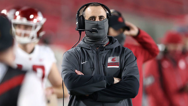 LOS ANGELES, CALIFORNIA - DECEMBER 06: Head coach Nick Rolovich of the Washington State Cougars looks on during the second half of a game against the USC Trojans at Los Angeles Coliseum on December 06, 2020 in Los Angeles, California.