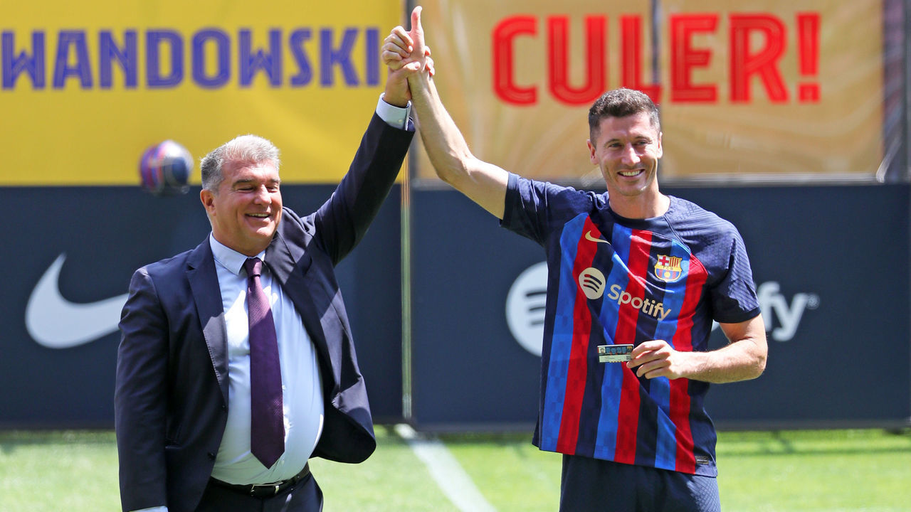 Robert Lewandowski, with the president of FC Barcelona, Joan Laporta, during his presentation as a new player of FC Barcelona, in Barcelona, on 05th August 2022. --