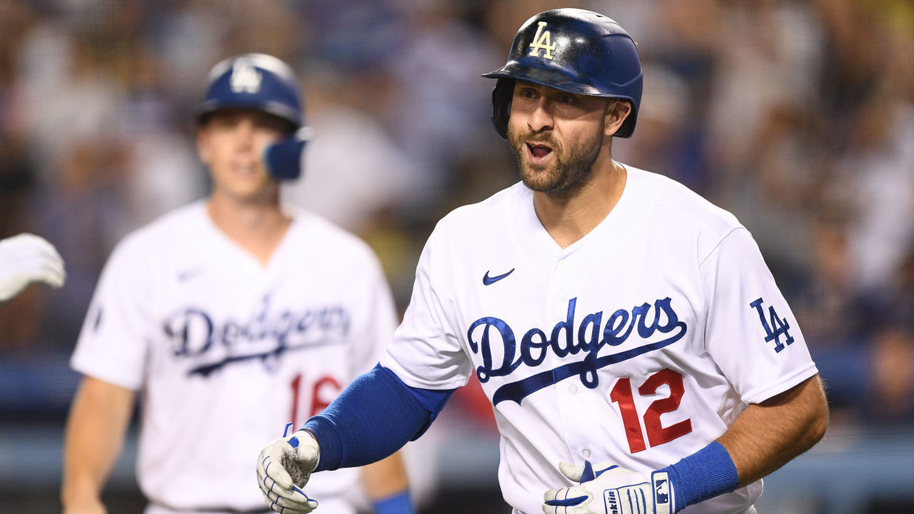 LOS ANGELES, CA - AUGUST 10: Los Angeles Dodgers left fielder Joey Gallo (12) celebrates after his three run home run during the MLB game between the Minnesota Twins and the Los Angeles Dodgers on August 10, 2022 at Dodger Stadium in Los Angeles, CA.