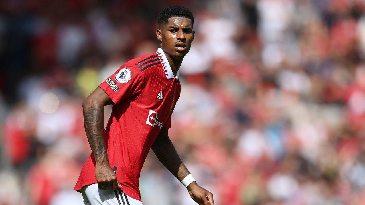 MANCHESTER, ENGLAND - AUGUST 07: Marcus Rashford of Manchester United in action during the Premier League match between Manchester United and Brighton & Hove Albion at Old Trafford on August 07, 2022 in Manchester, England.
