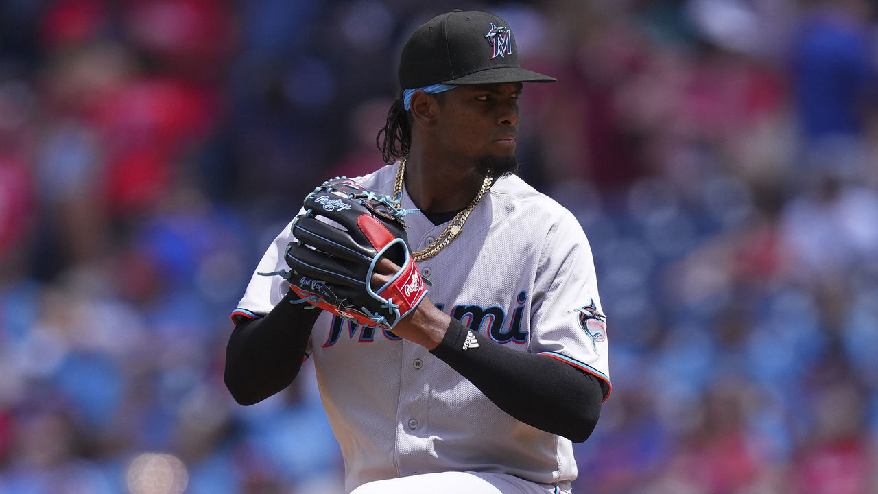 PHILADELPHIA, PA - AUGUST 11: Edward Cabrera #27 of the Miami Marlins throws a pitch in the bottom of the first inning against the Philadelphia Phillies at Citizens Bank Park on August 11, 2022 in Philadelphia, Pennsylvania.