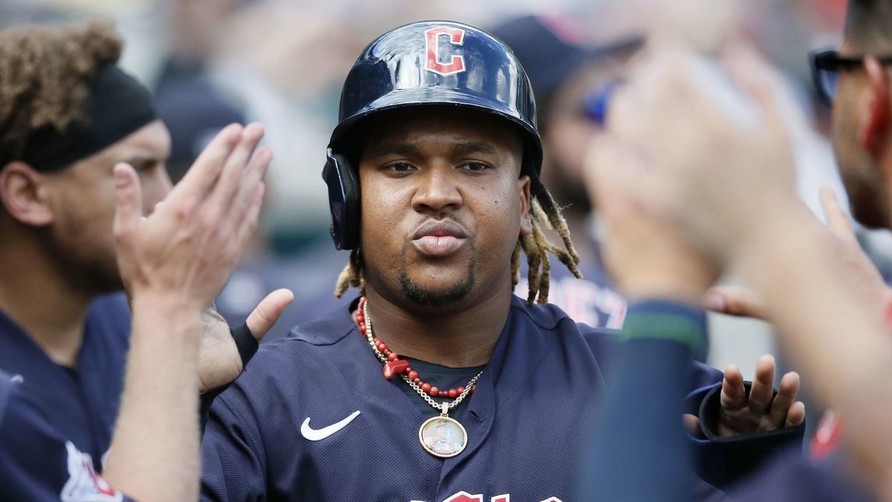 DETROIT, MI - AUGUST 11: Jose Ramirez #11 of the Cleveland Guardians celebrates after scoring to break a 3-3 tie against the Detroit Tigers during the 10th inning at Comerica Park on August 11, 2022, in Detroit, Michigan. The Guardians defeated the Tigers 4-3.