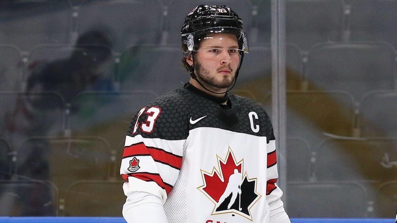 EDMONTON, ALBERTA - AUGUST 10: Mason McTavish #23 of Canada looks on during the Group A game of the 2022 IIHF World Junior Championship against Latvia at Rogers Place on August 10, 2022 in Edmonton, Alberta, Canada.