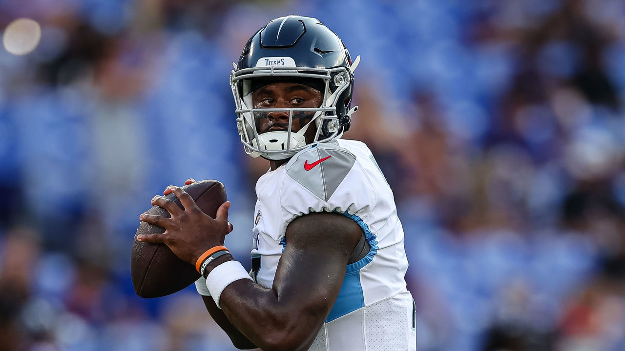 BALTIMORE, MD - AUGUST 11: Malik Willis #7 of the Tennessee Titans attempts a pass before the game against the Baltimore Ravens at M&T Bank Stadium on August 11, 2022 in Baltimore, Maryland.