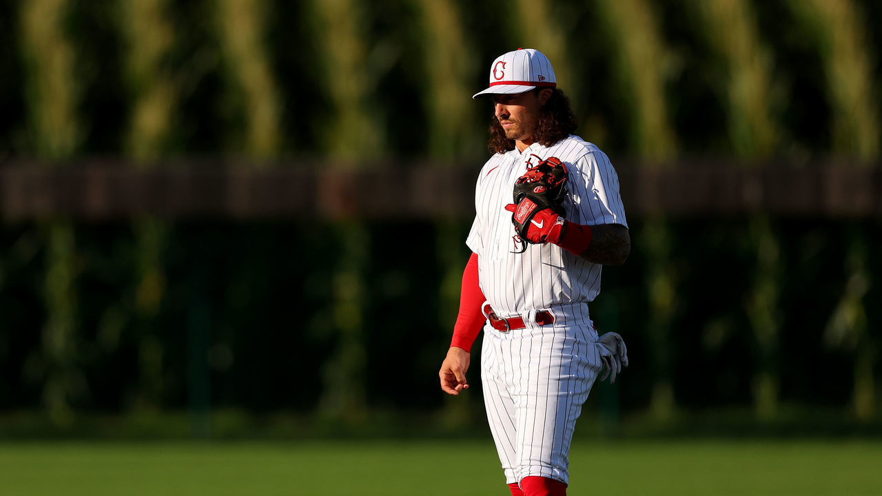 DYERSVILLE, IOWA - AUGUST 11: Jonathan India #6 of the Cincinnati Reds looks on during the first inning of the game against the Chicago Cubs at Field of Dreams on August 11, 2022 in Dyersville, Iowa.