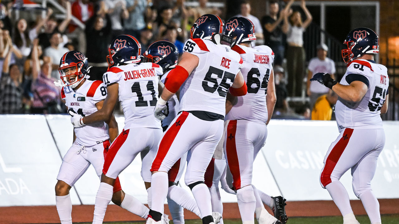 MONTREAL, QC - AUGUST 04: Montreal Alouettes wide receiver Tyson Philpot (81) celebrates his touchdown with his teammates during the Winnipeg Blue Bombers versus the Montreal Alouettes game on August 04, 2022, at Percival Molson Memorial Stadium in Montreal, QC