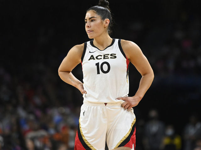 LAS VEGAS, NV - AUGUST 11: Kelsey Plum #10 of the Las Vegas Aces looks on during the game against the Chicago Sky on August 11, 2022 at Michelob ULTRA Arena in Las Vegas, Nevada. Mandatory Copyright Notice: Copyright 2022 NBAE