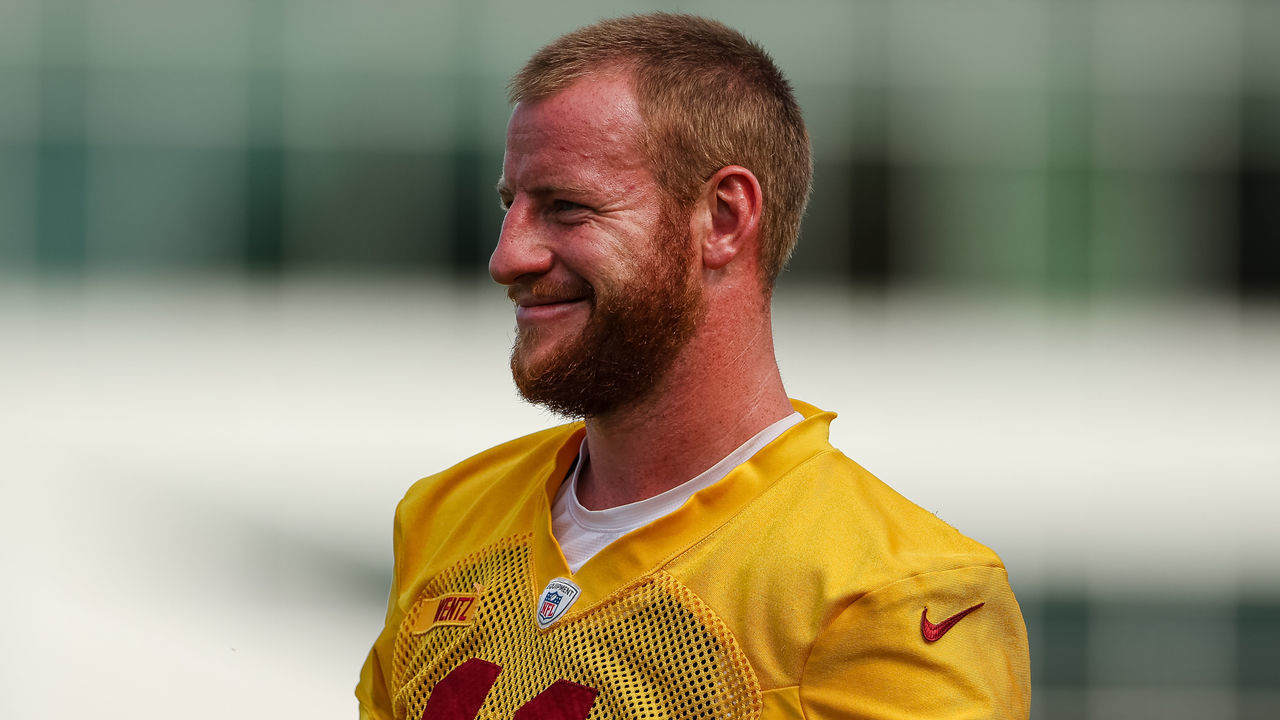 ASHBURN, VA - JUNE 16: Carson Wentz #11 of the Washington Commanders looks on during the organized team activity at INOVA Sports Performance Center on June 16, 2022 in Ashburn, Virginia.