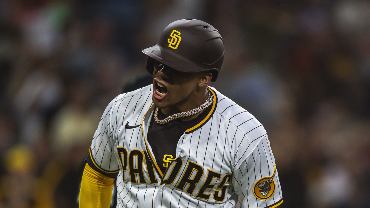 SAN DIEGO, CA - AUGUST 9: Juan Soto #22 of the San Diego Padres celebrates after hitting a home run in the fourth inning against the San Francisco Giants at PETCO Park on August 9, 2022 in San Diego, California.