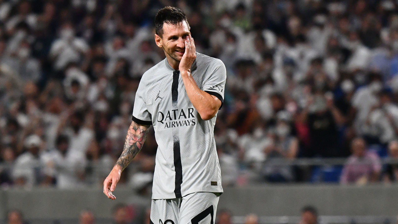 Paris Saint-Germain's Argentinian forward Lionel Messi reacts after his shoot during PSG's Japan Tour football match against Gamba Osaka at Suita stadium in Osaka on July 25, 2022.