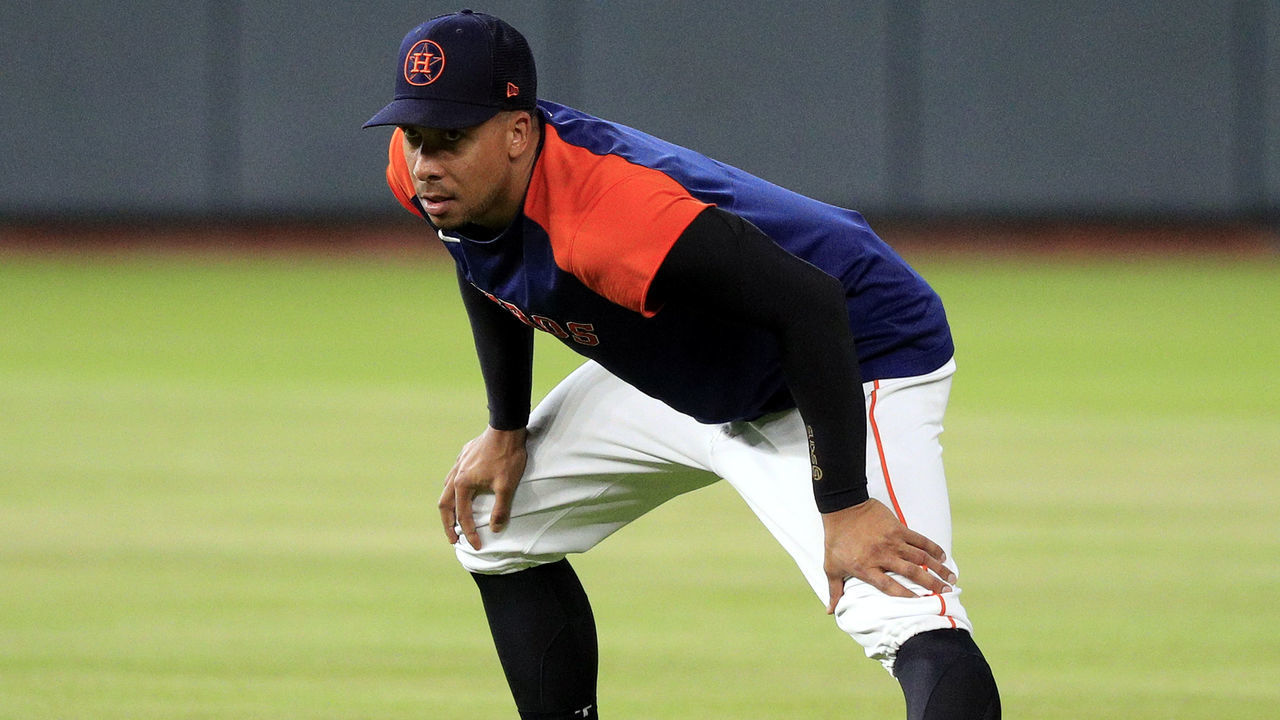 HOUSTON, TEXAS - JULY 29: Michael Brantley of the Houston Astros works out as part of his rehab before the Houston Astros play the Seattle Mariners from a sore shoulder at Minute Maid Park on July 29, 2022 in Houston, Texas.