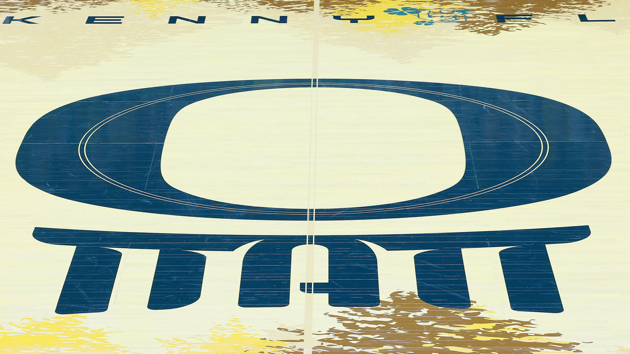EUGENE, OREGON - FEBRUARY 28: A general view of the Oregon Ducks logo mid court prior to the game between the Oregon Ducks and the Oregon State Beavers at Matthew Knight Arena on February 28, 2021 in Eugene, Oregon.