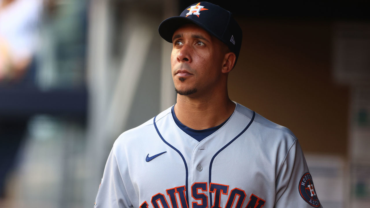 NEW YORK, NEW YORK - JUNE 24: Michael Brantley #23 of the Houston Astros looks on against the New York Yankees at Yankee Stadium on June 24, 2022 in New York City. Houston Astros defeated the New York Yankees 3-1.