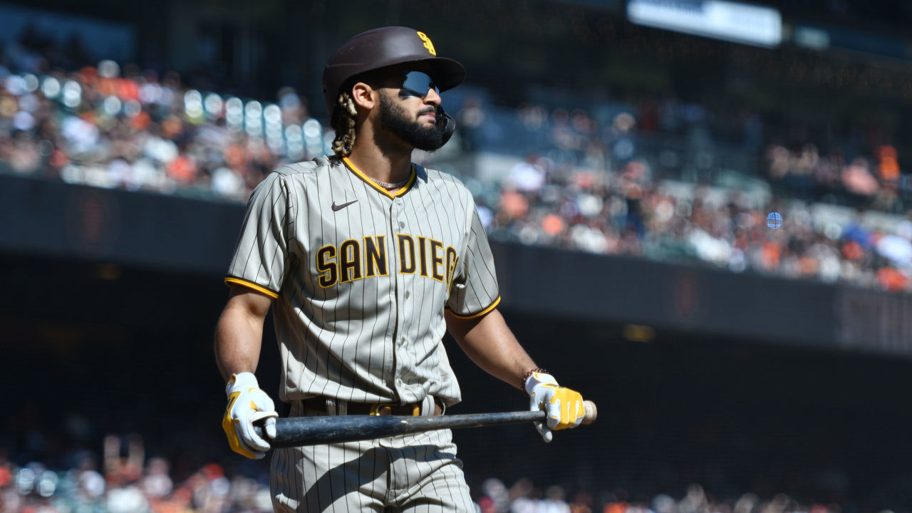 SAN FRANCISCO, CALIFORNIA - OCTOBER 03: Fernando Tatis Jr. #23 of the San Diego Padres strikes out in the first inning against the San Francisco Giants at Oracle Park on October 03, 2021 in San Francisco, California.