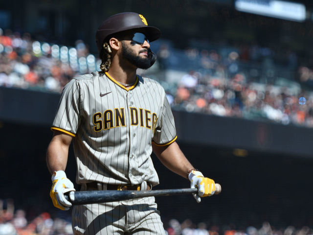 SAN FRANCISCO, CALIFORNIA - OCTOBER 03: Fernando Tatis Jr. #23 of the San Diego Padres strikes out in the first inning against the San Francisco Giants at Oracle Park on October 03, 2021 in San Francisco, California.
