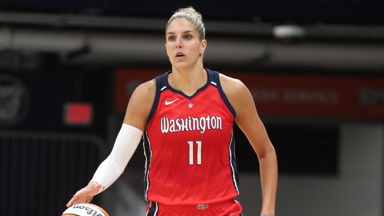 INDIANAPOLIS, IN - AUGUST 12: Elena Delle Donne #11 of the Washington Mystics dribbles the ball during the game against the Indiana Fever on August 12, 2022 at the Gainbridge Fieldhouse in Indianapolis, Indiana. NOTE TO USER: User expressly acknowledges and agrees that, by downloading and/or using this Photograph, user is consenting to the terms and conditions of the Getty Images License Agreement. Mandatory Copyright Notice: Copyright 2022 NBAE